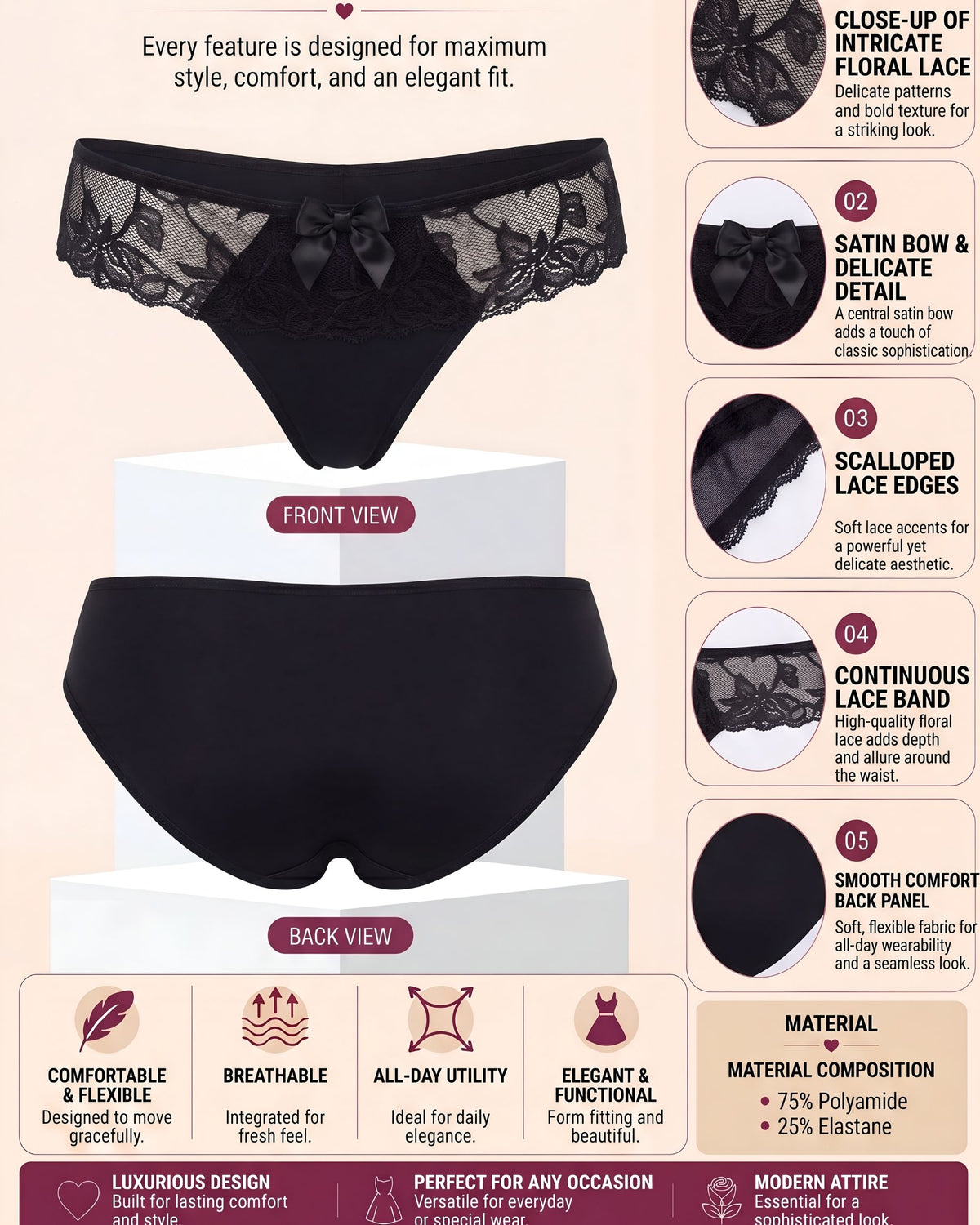Linsori Midnight Floral Embroidered Brief -  Product detail view