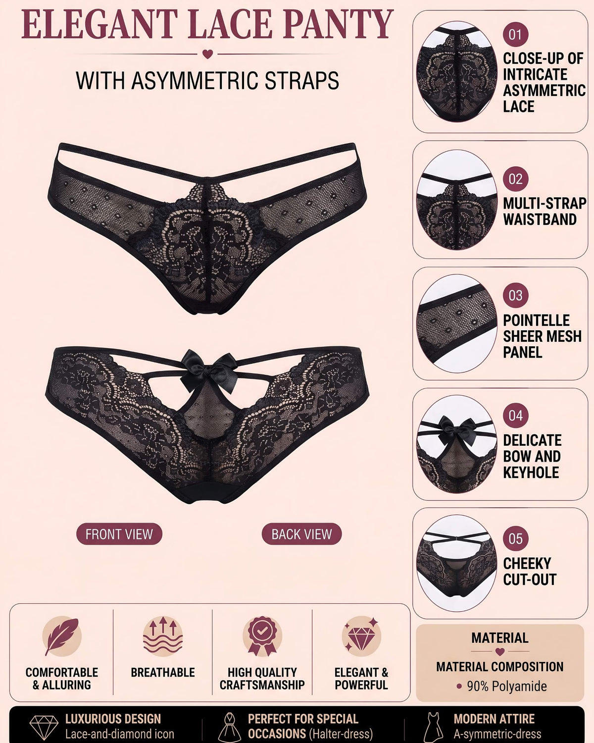 Linsori Noir Silver-Threaded Lace Brief-  Product detail view 