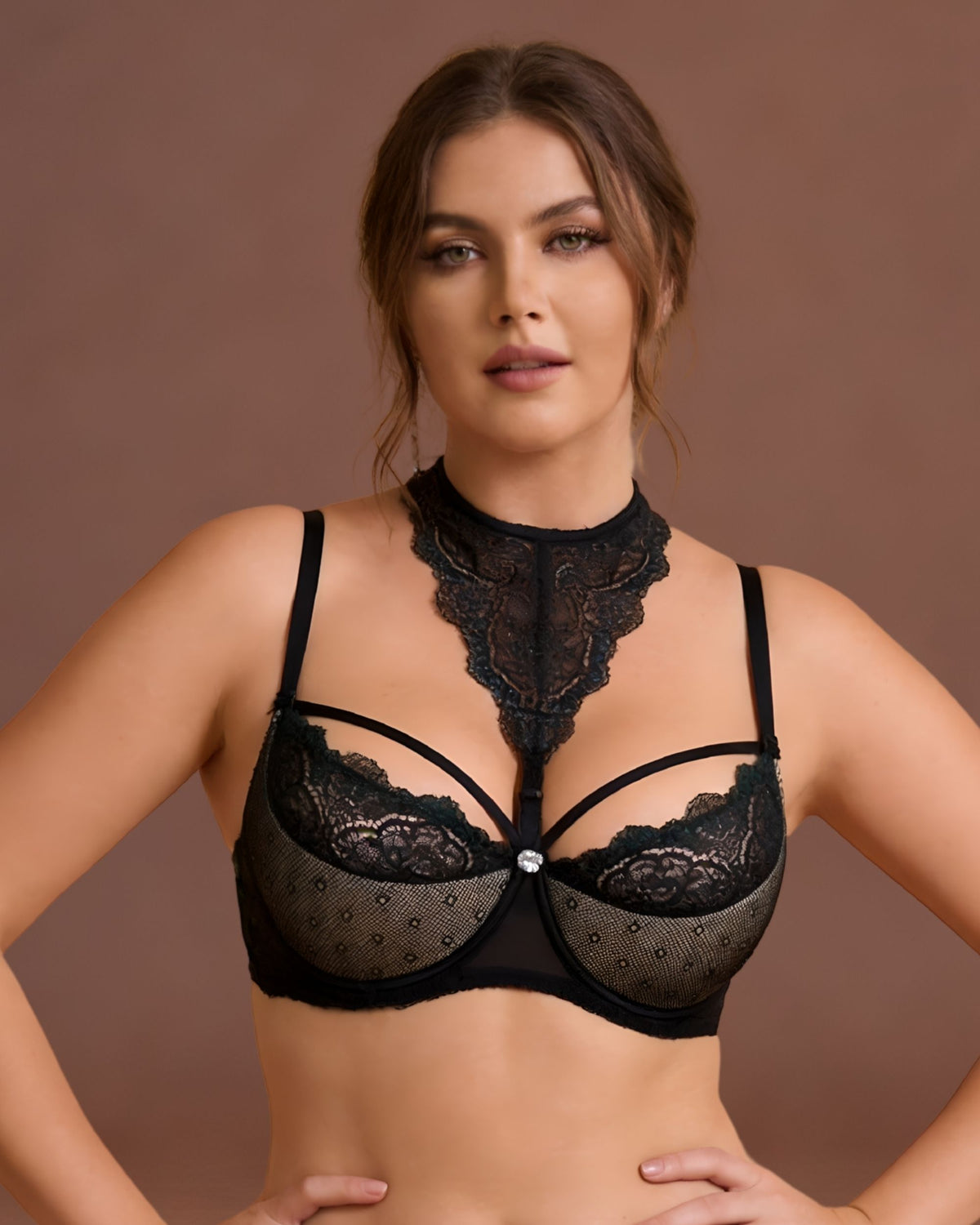 Linsori Noir Lace Push Up Floral Lace Bra Plus Size  - Front view 
