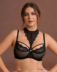 Linsori Noir Lace Push Up Floral Lace Bra Plus Size  - Front view 