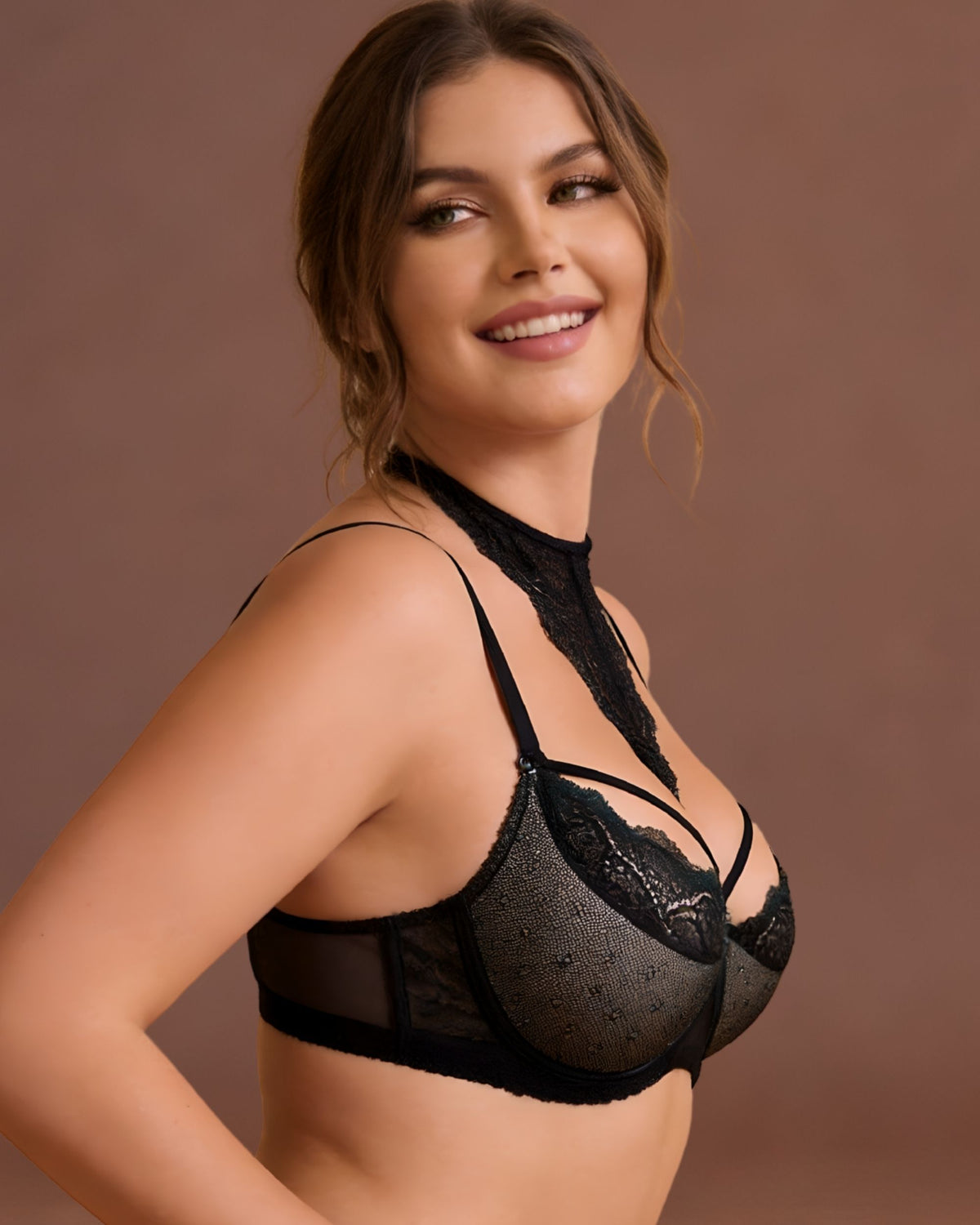 Linsori Noir Lace Push Up Floral Lace Bra Plus Size  - close-up view