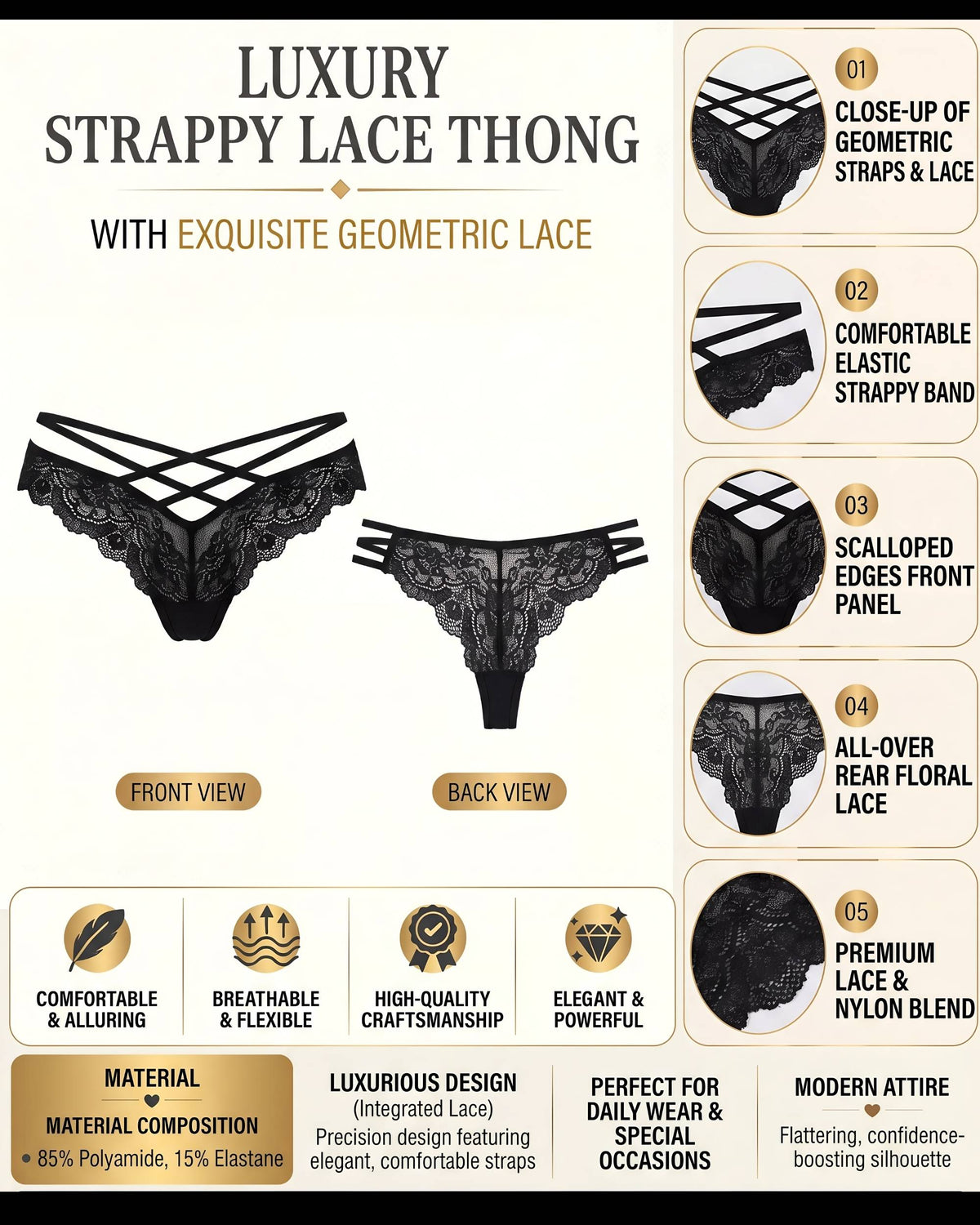 Linsori Midnight Lace Strap Thong -  Product detail view