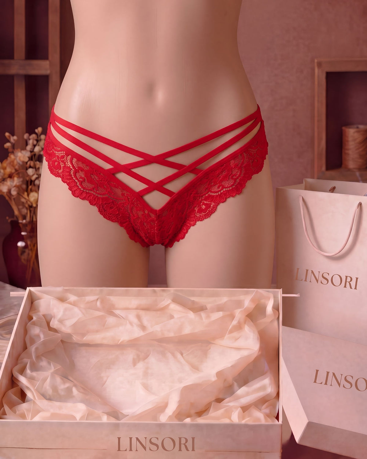 Linsori Crimson Lace Strap Floral Lace Thong - Mannequin View