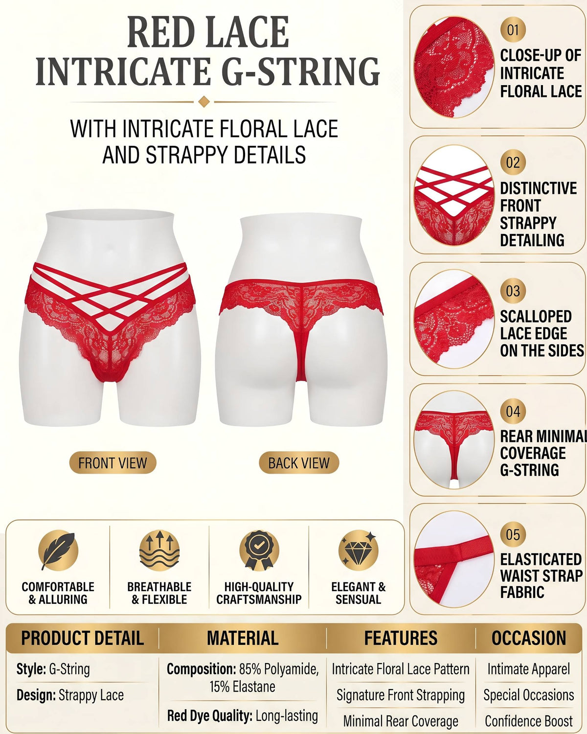 Linsori Crimson Lace Strap Floral Lace Thong -  Product detail view