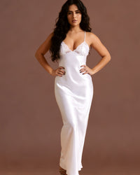 Linsori Pearl Charmeuse Gown with Lace Train - Front view 