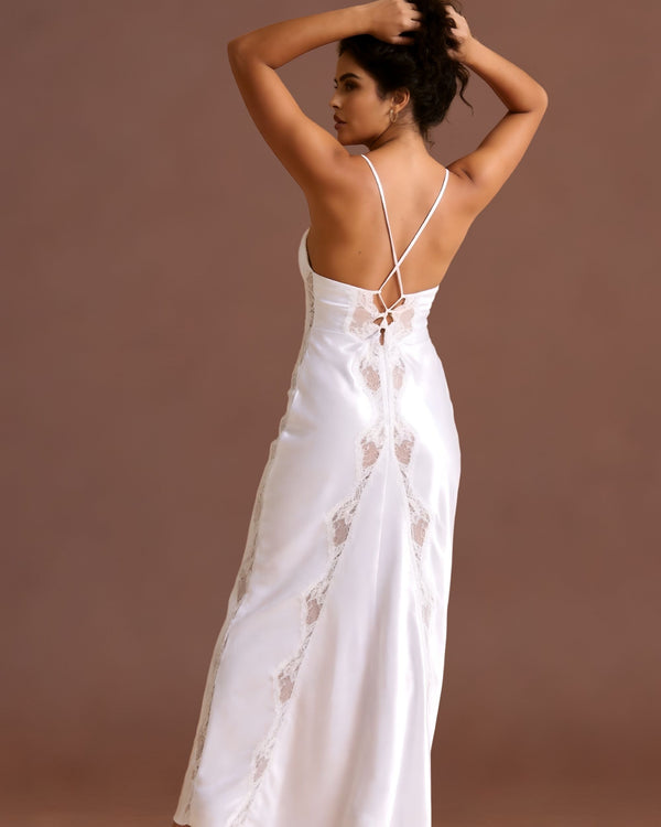 Linsori Pearl Charmeuse Gown with Lace Train -  back view