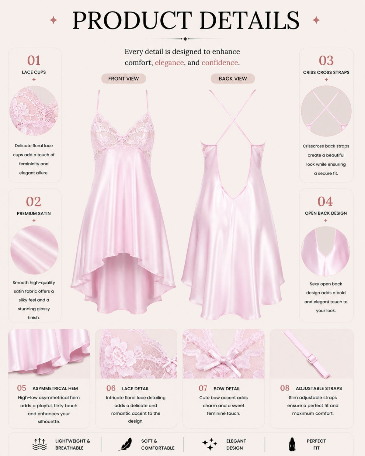 Linsori Blush Charmeuse Lace Chemise -  Product detail view