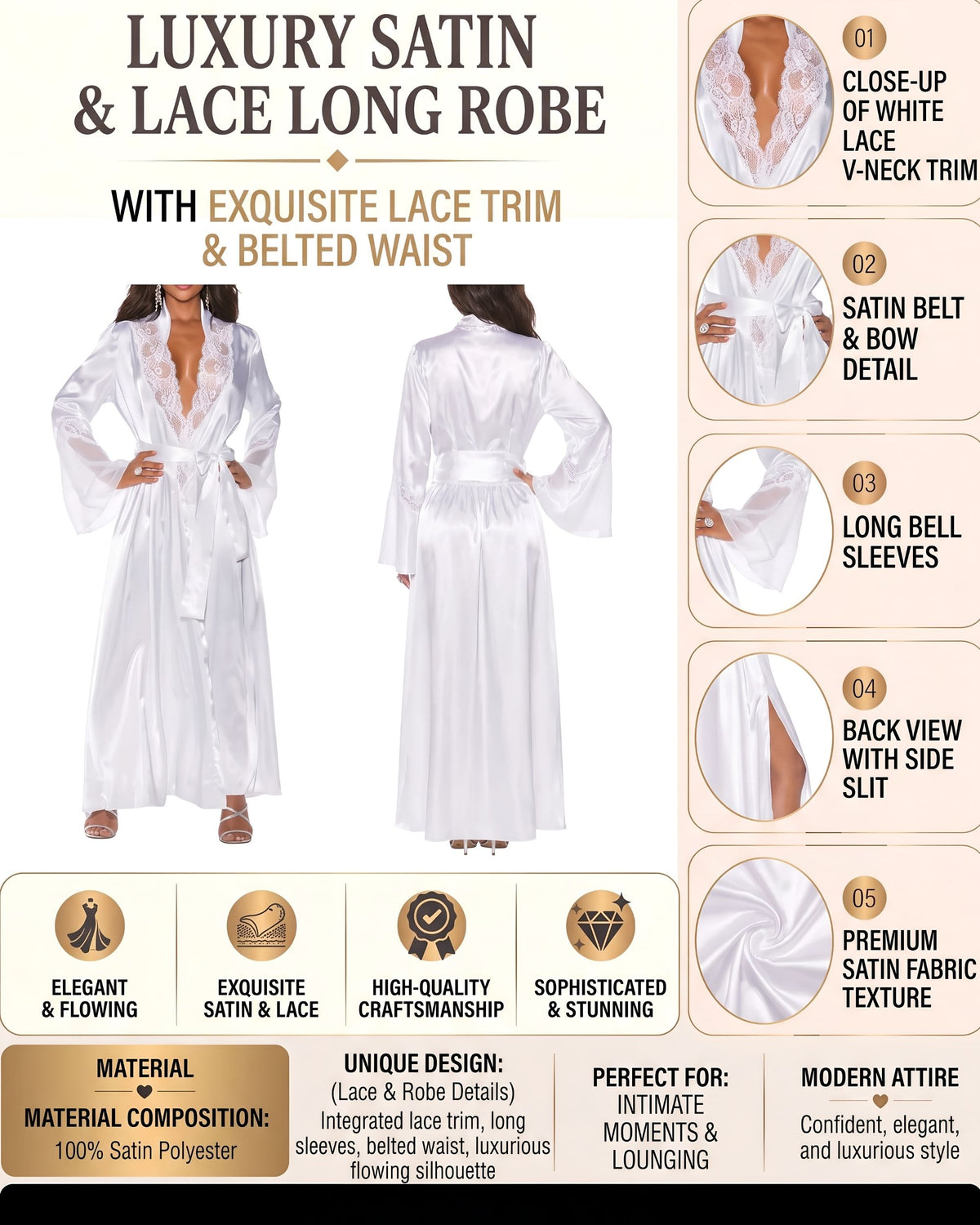 linsori - Pearl Charmeuse Lace Long Robe Plus Size - product detail