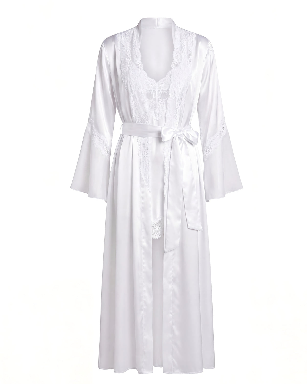 linsori - Pearl Charmeuse Lace Long Robe Plus Size - white background