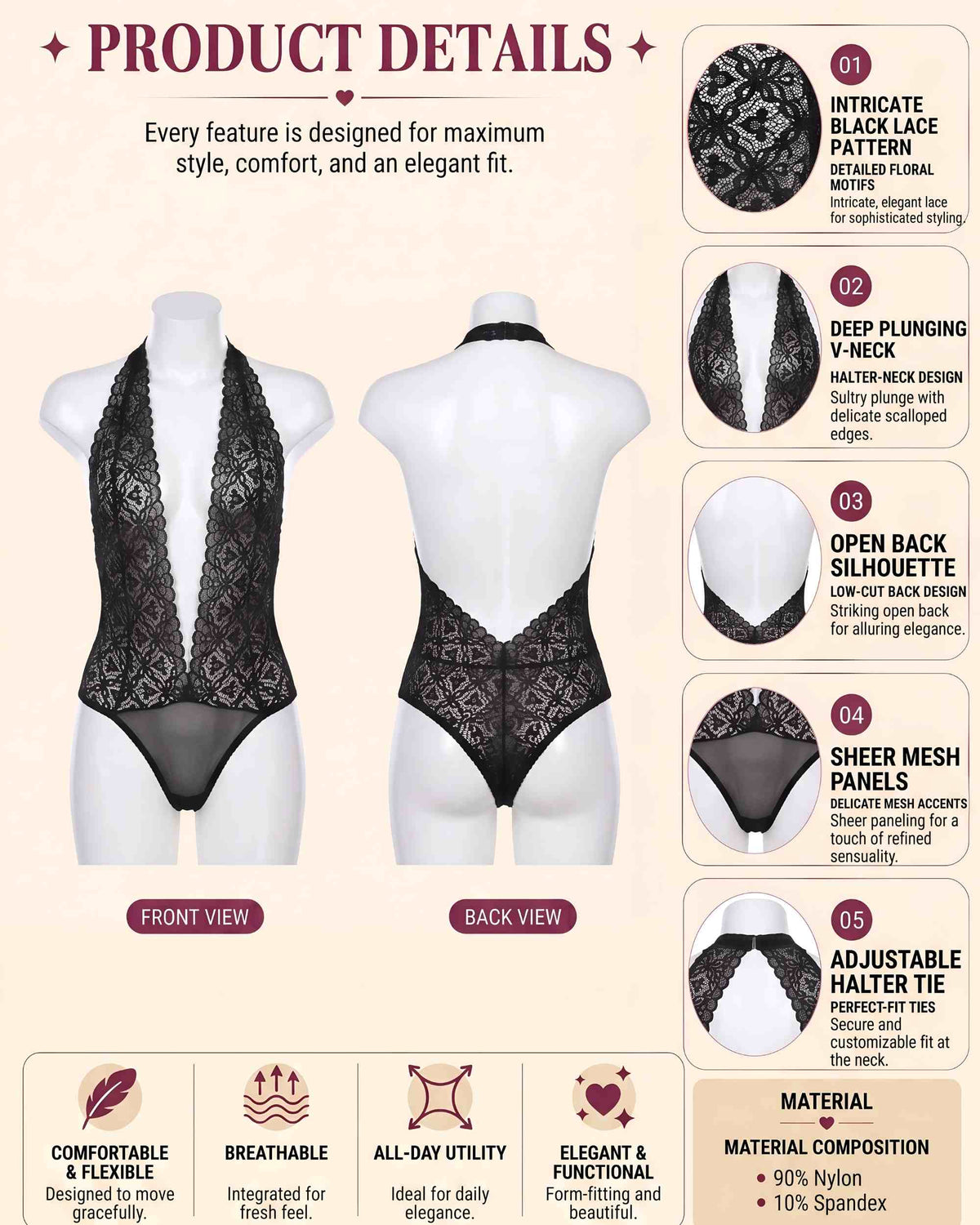 Linsori Rhinestone Lace Teddy in Midnight  -  Product detail view