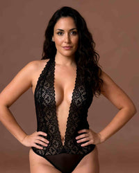 Linsori Rhinestone Lace Teddy in Midnight  - Front view 
