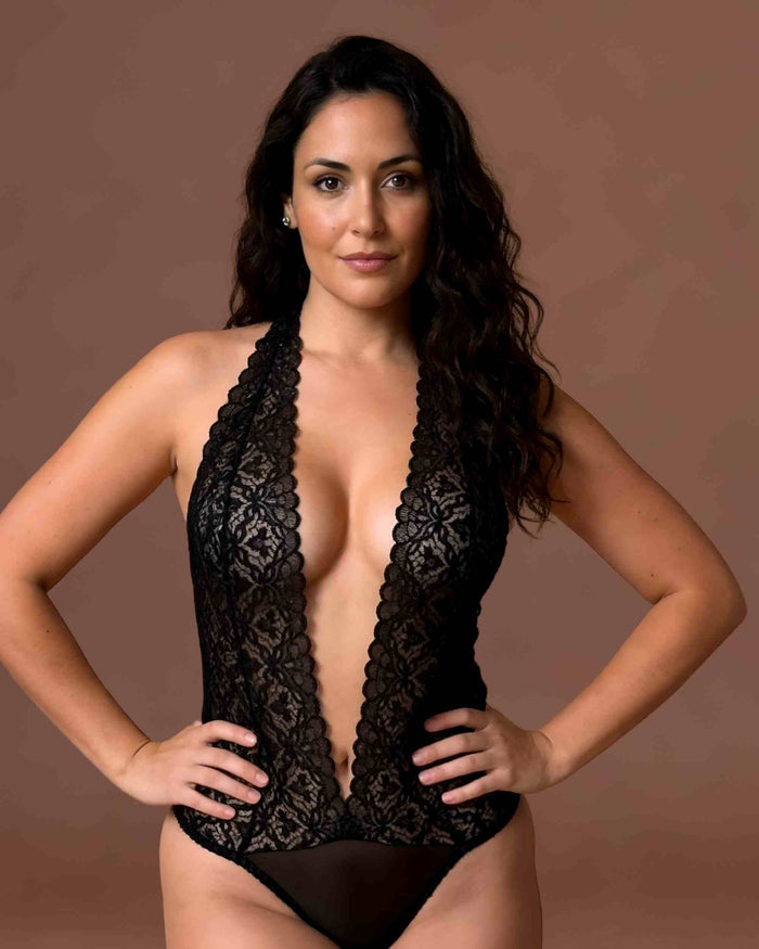 Linsori Rhinestone Lace Teddy in Midnight  - Front view 