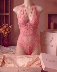 Linsori Coral Floral Halter Teddy - Mannequin View