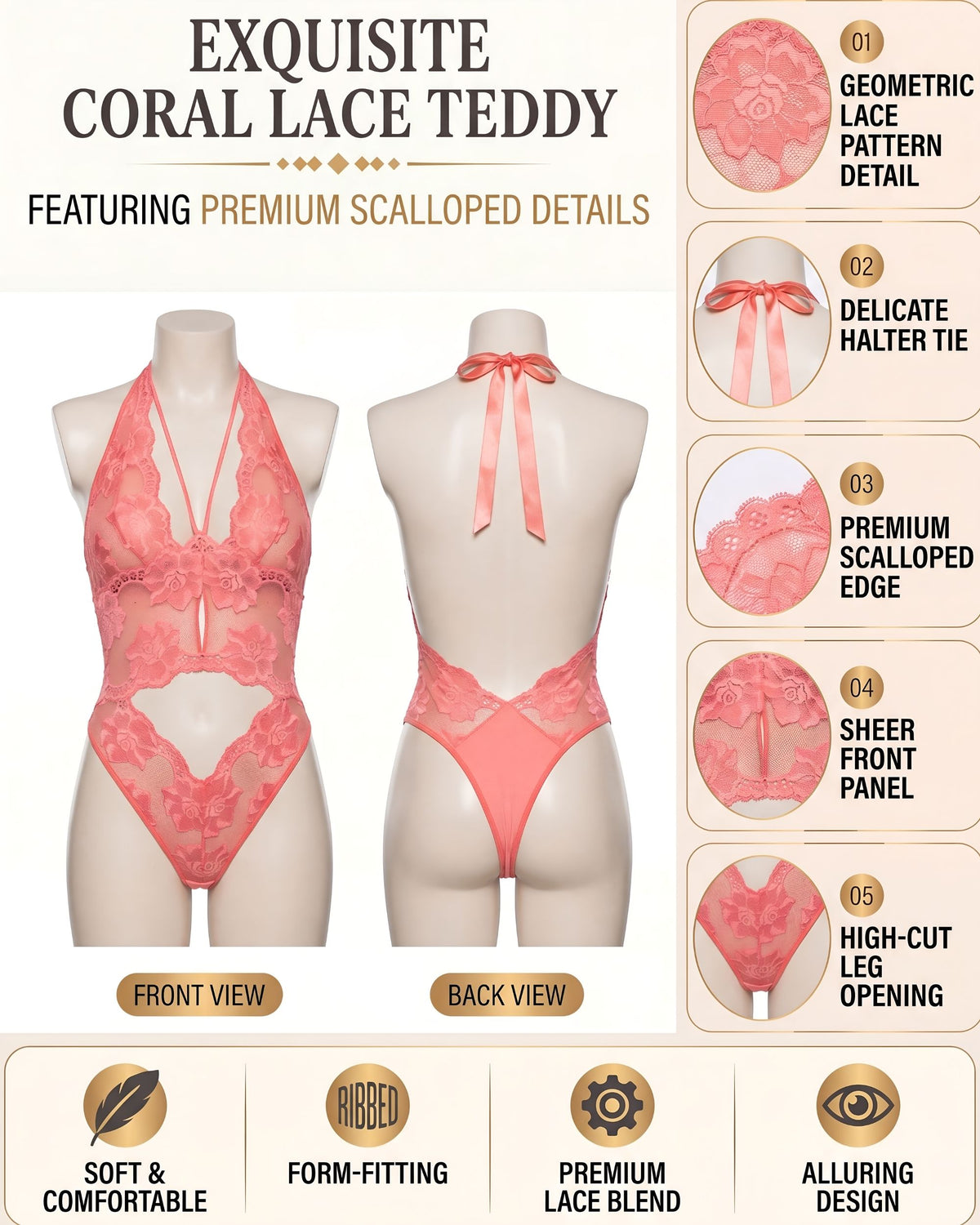 Linsori Coral Floral Halter Teddy -  Product detail view