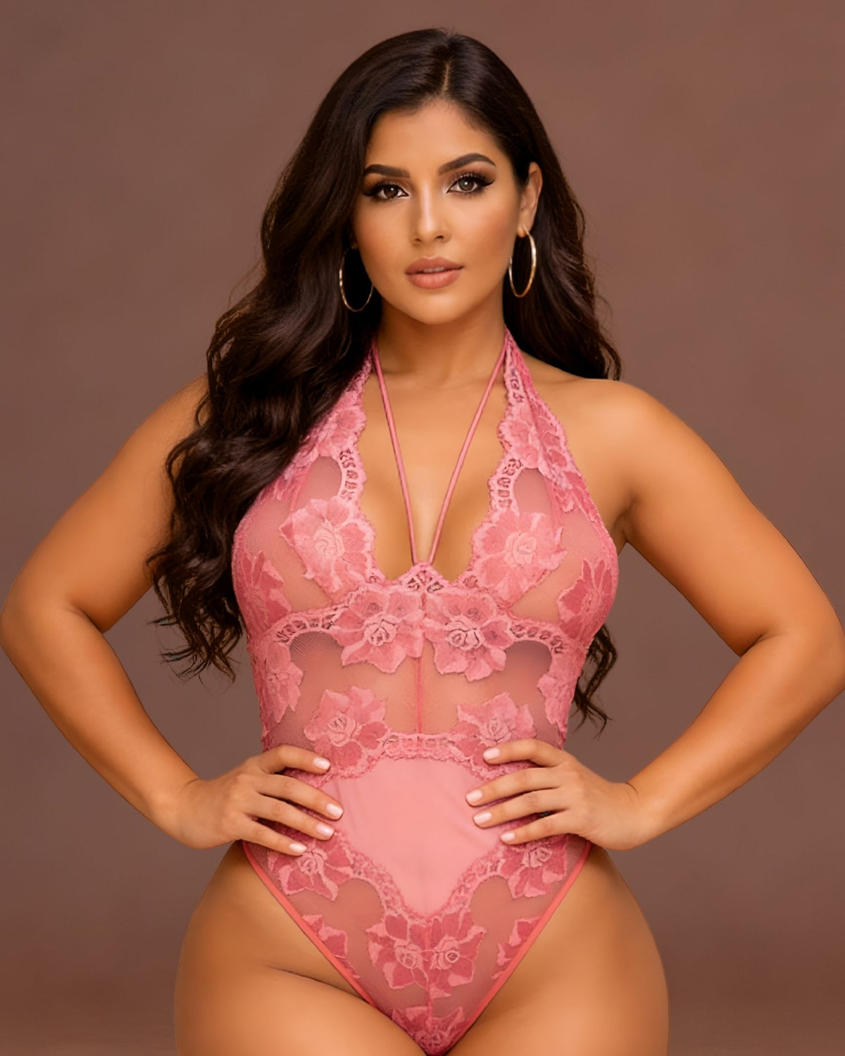Linsori Coral Floral Halter Teddy - Front view 