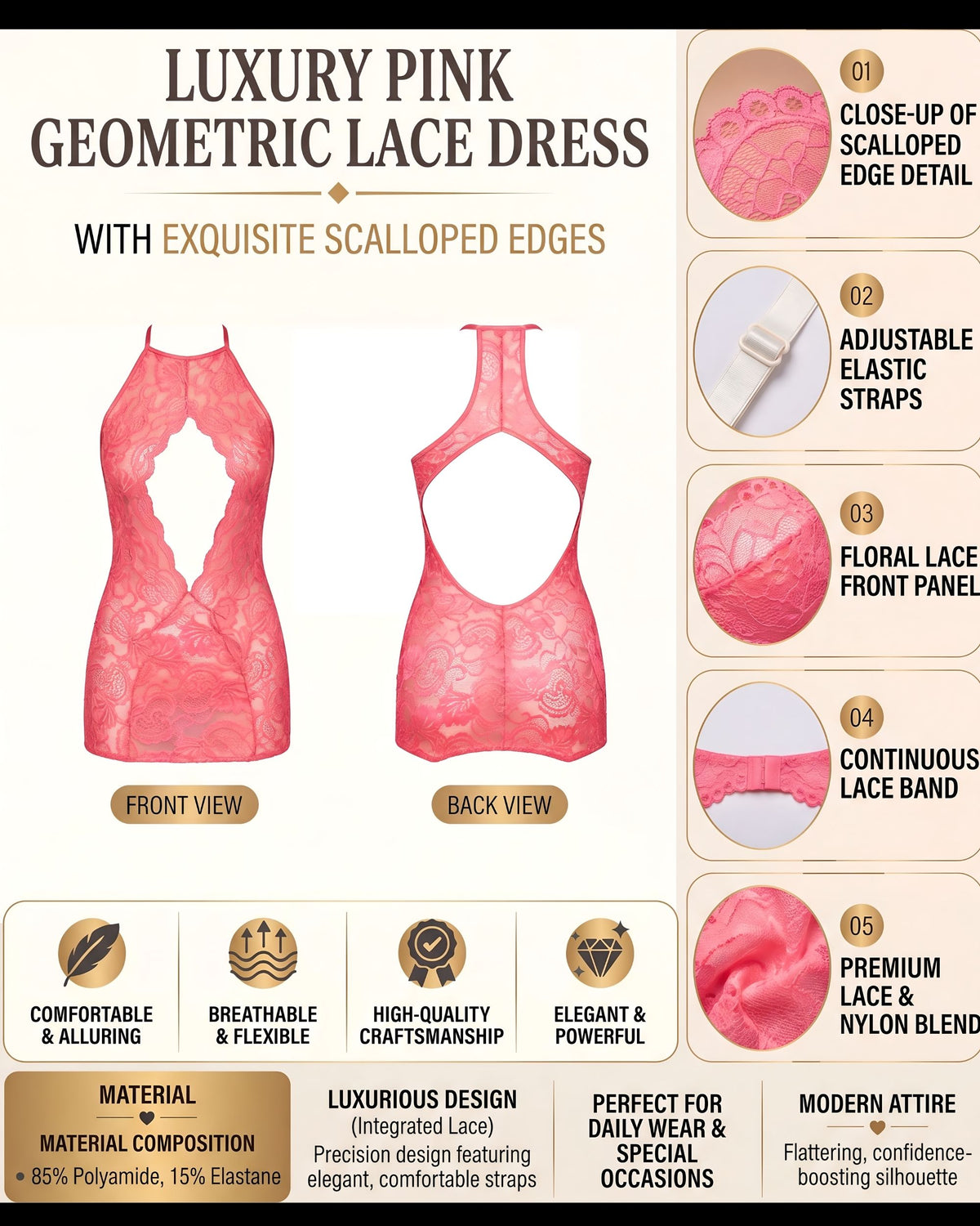 Linsori Coral Gartered Lace Chemise -  Product detail view
