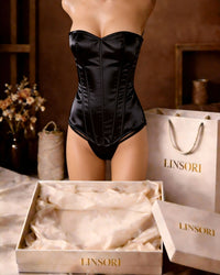 Linsori Noir Satin Sweetheart Corset Set - Mannequin View