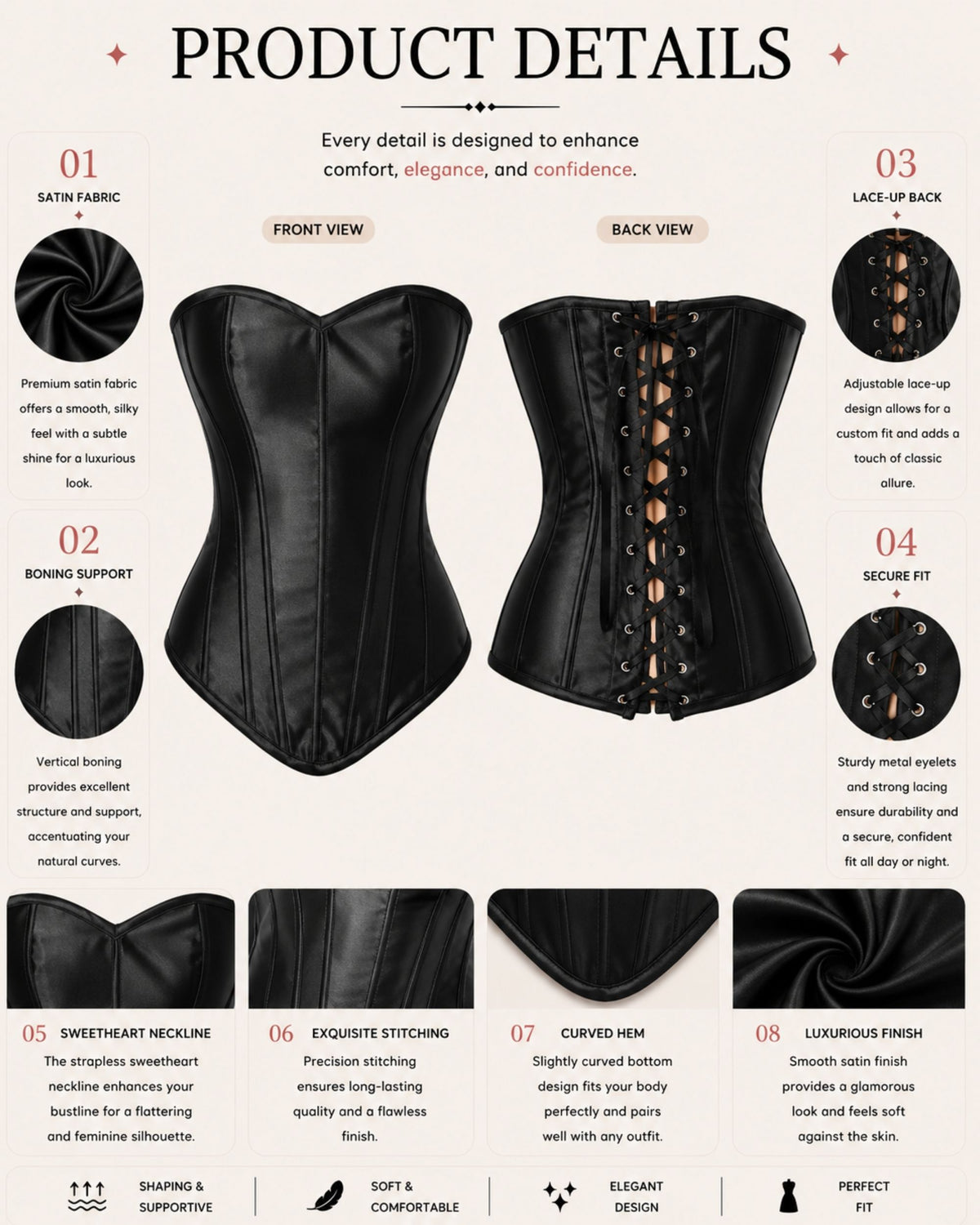 Linsori Noir Satin Sweetheart Corset Set -  Product detail view