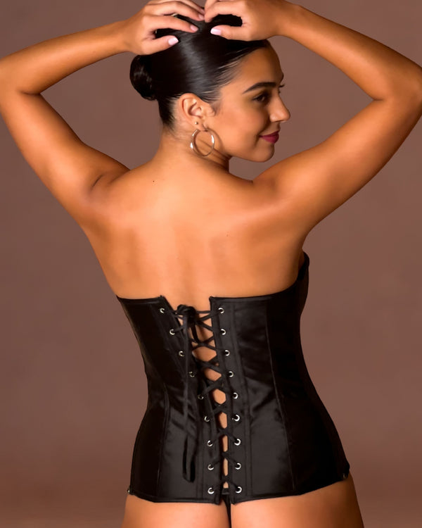Linsori Noir Satin Sweetheart Corset Set -  back view