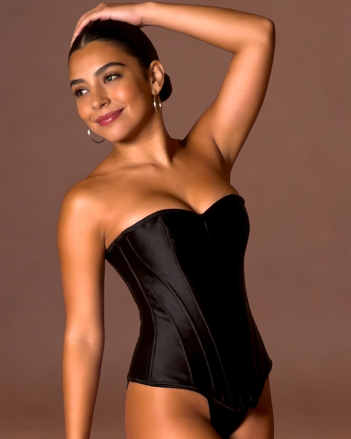 Linsori Noir Satin Sweetheart Corset Set - Styled view