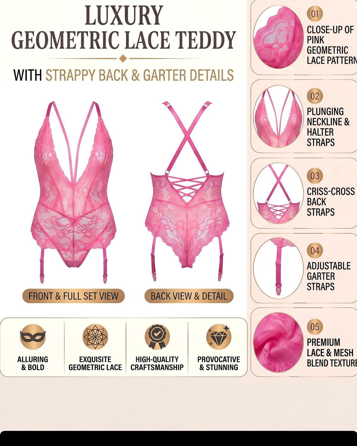 Linsori Rose Rhinestone Gartered Chemise -  Product detail view