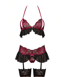 Linsori Noir Rose Gartered Bra Set - White background view