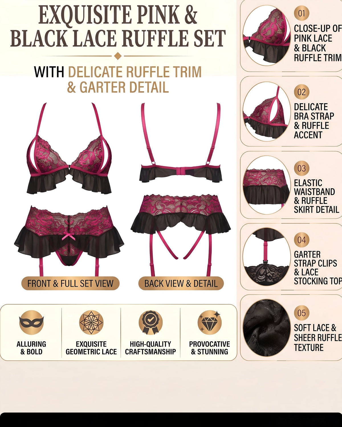 Linsori Noir Rose Gartered Bra Set -  Product detail view
