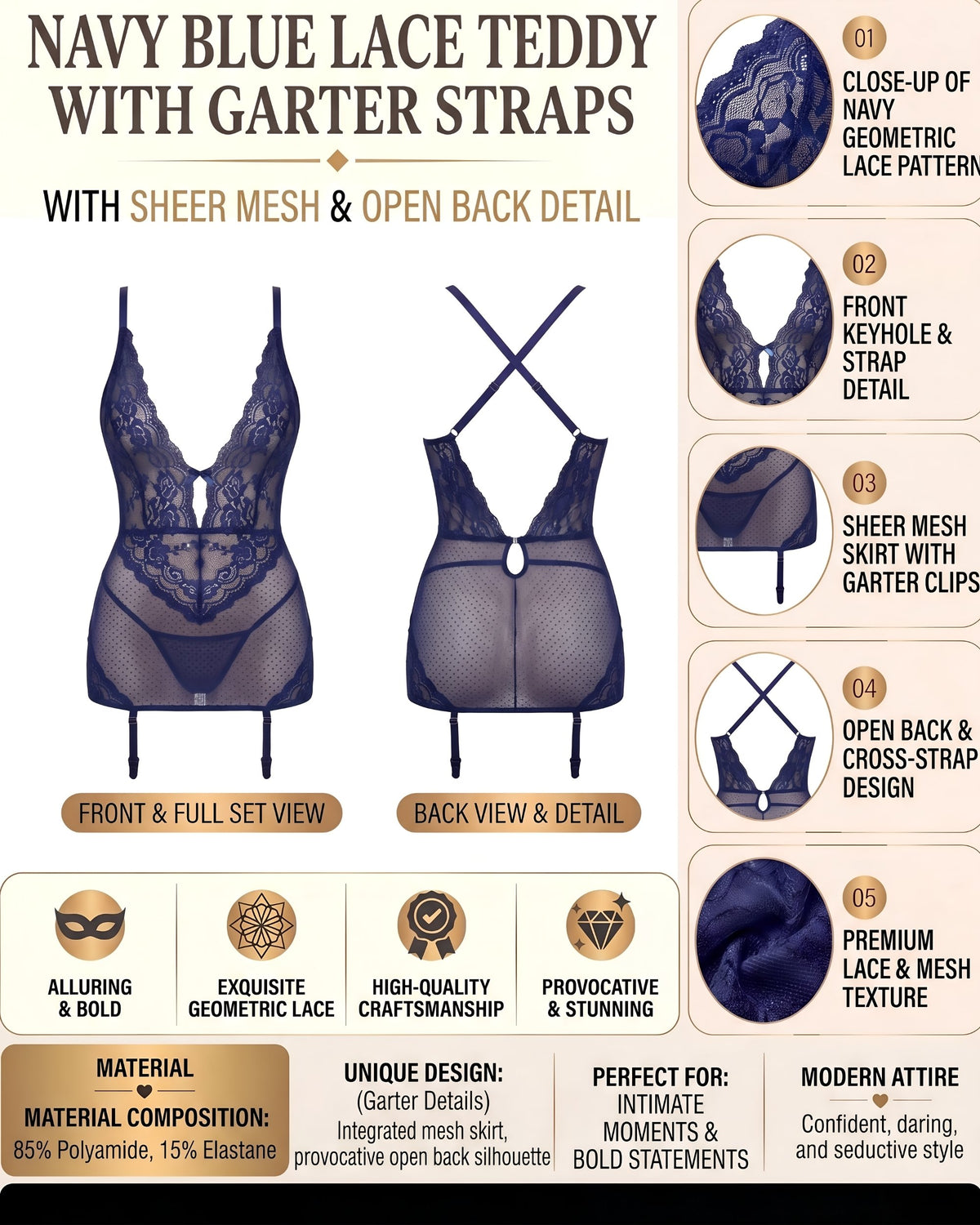Linsori Sapphire Floral Gartered Chemise -  Product detail view