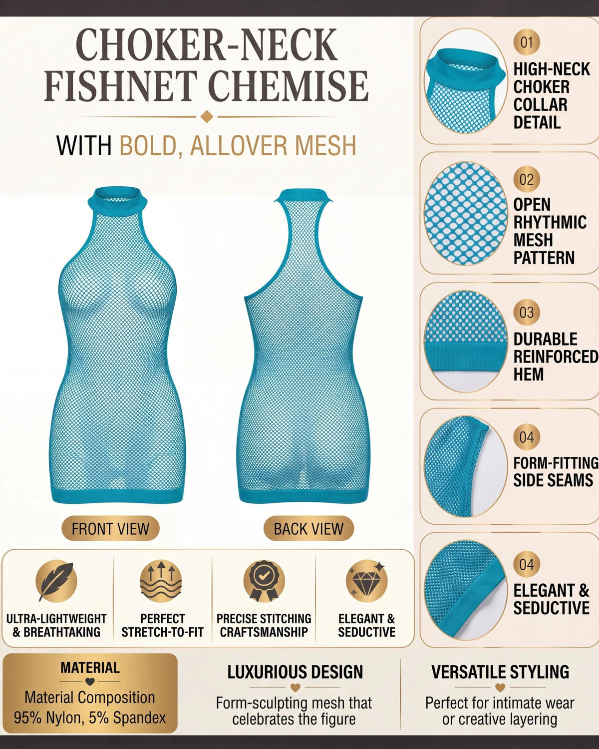 Linsori Turquoise Fishnet Halter Chemise -  Product detail view