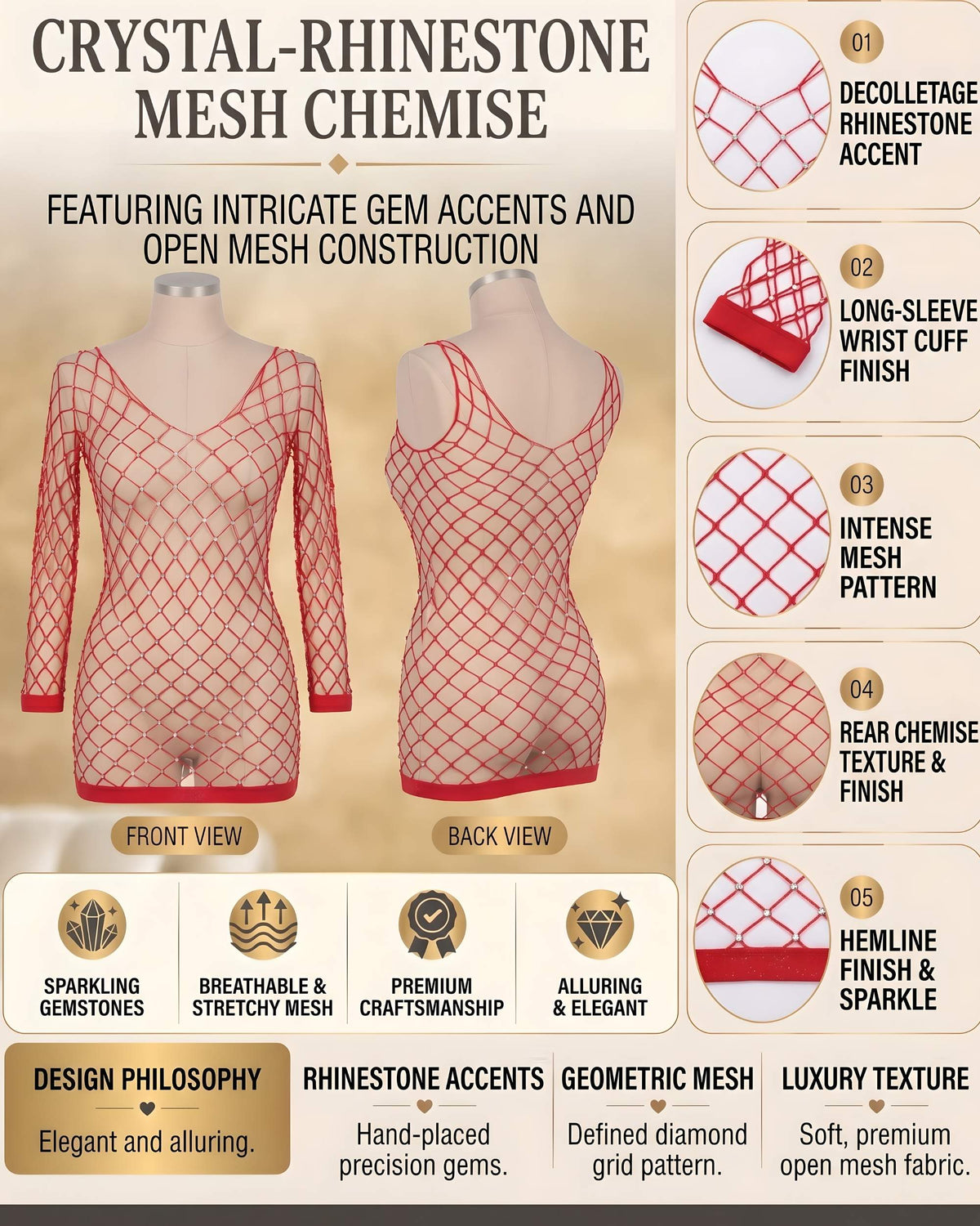 Linsori Scarlet Rhinestone Fishnet Chemise -  Product detail view