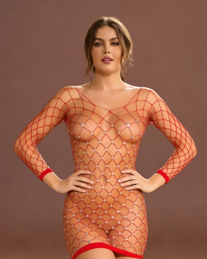 Linsori Scarlet Rhinestone Fishnet Chemise - Front view 