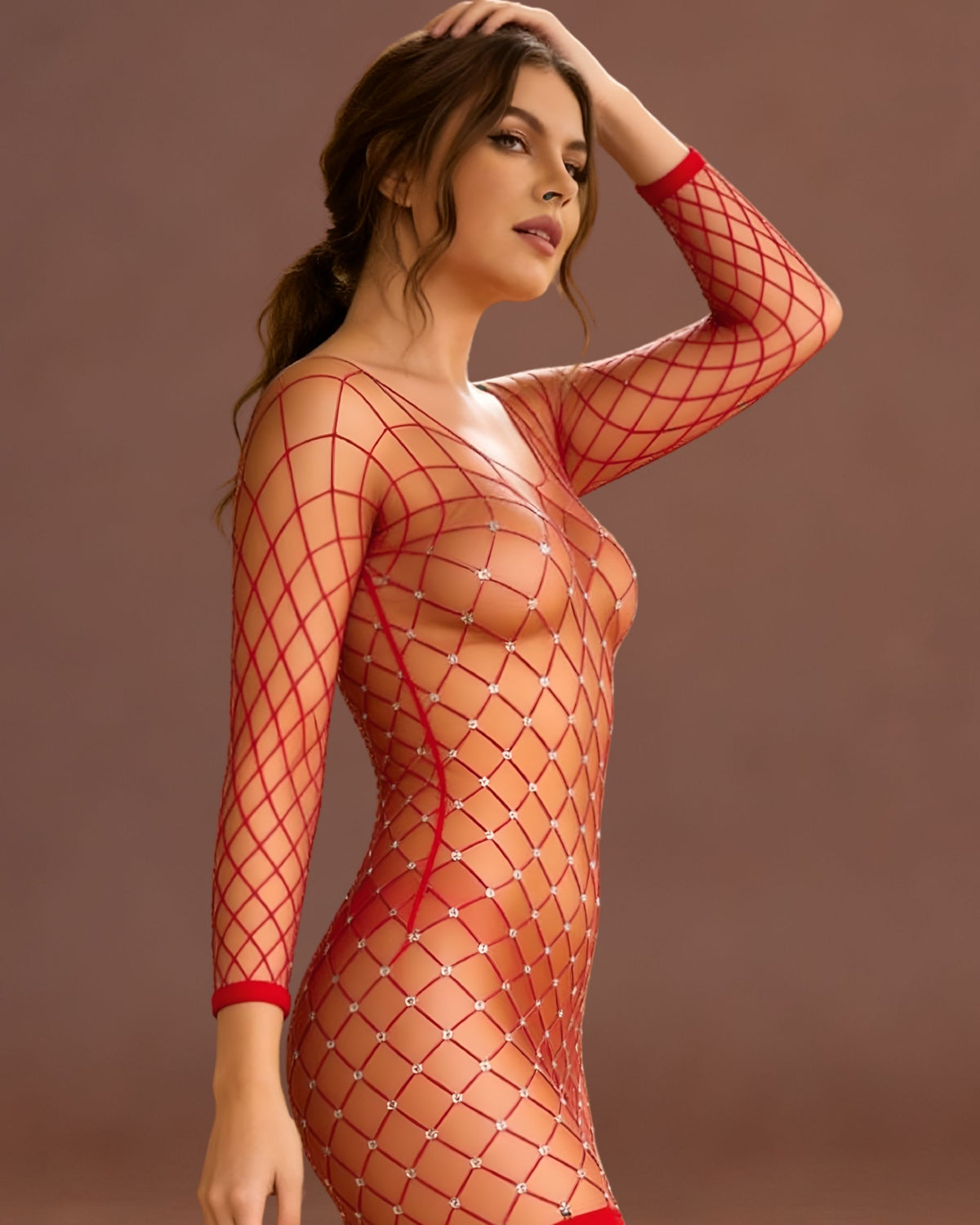 Linsori Scarlet Rhinestone Fishnet Chemise -  Right view