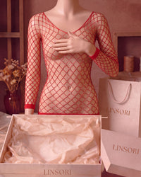 Linsori Scarlet Rhinestone Fishnet Chemise - Mannequin View