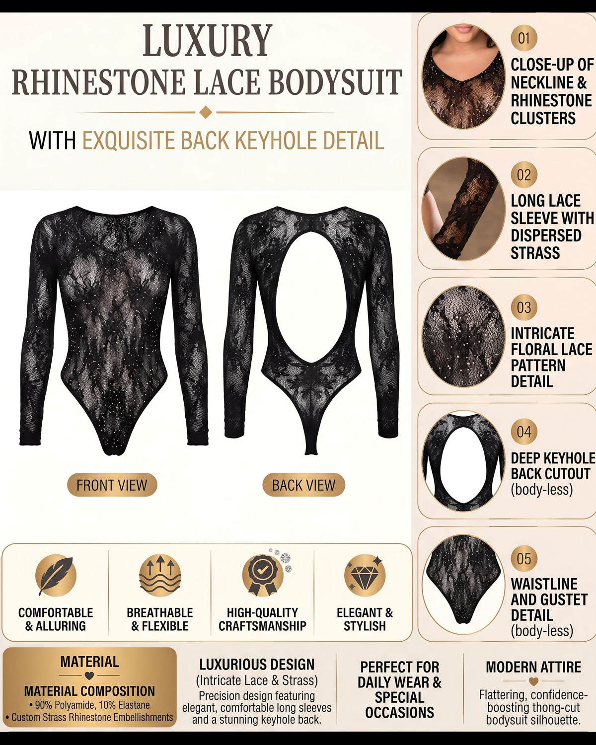 Linsori Onyx Sequin Long Sleeve Teddy -  Product detail view