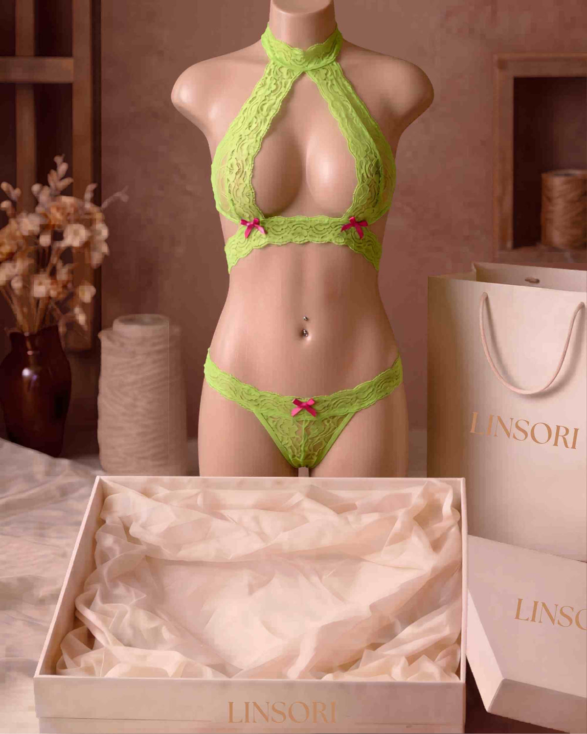 linsori - Lime Lace Open Back Floral Lace Set - product  view