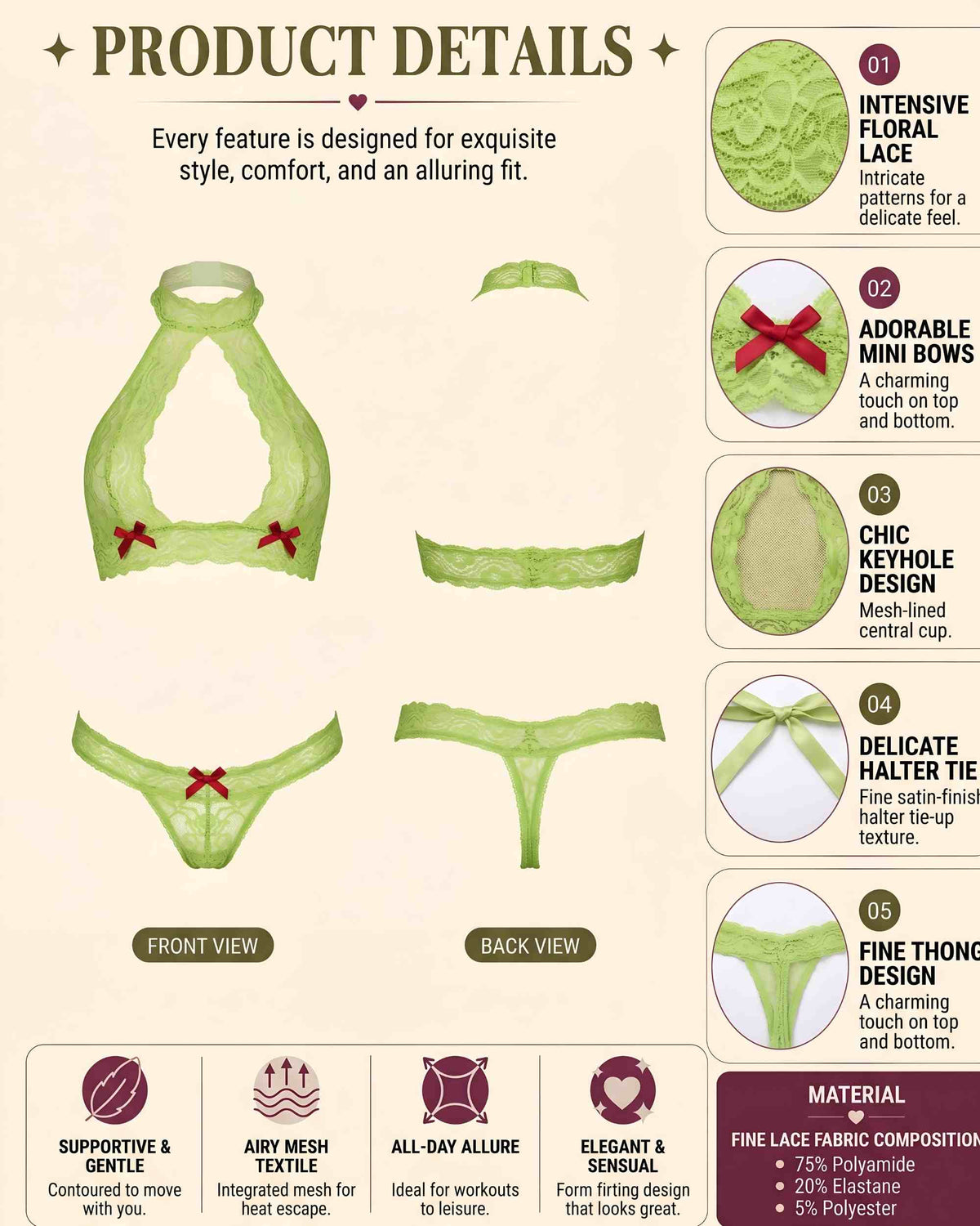 linsori - Lime Lace Open Back Floral Lace Set - product detail