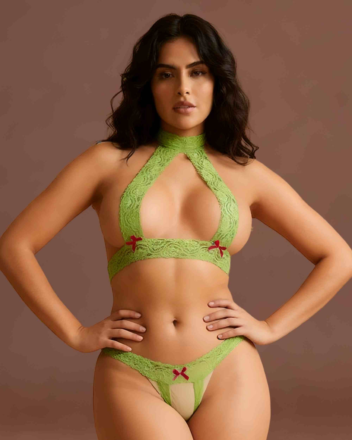 linsori - Lime Lace Open Back Floral Lace Set - front view