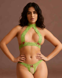 linsori - Lime Lace Open Back Floral Lace Set - front view