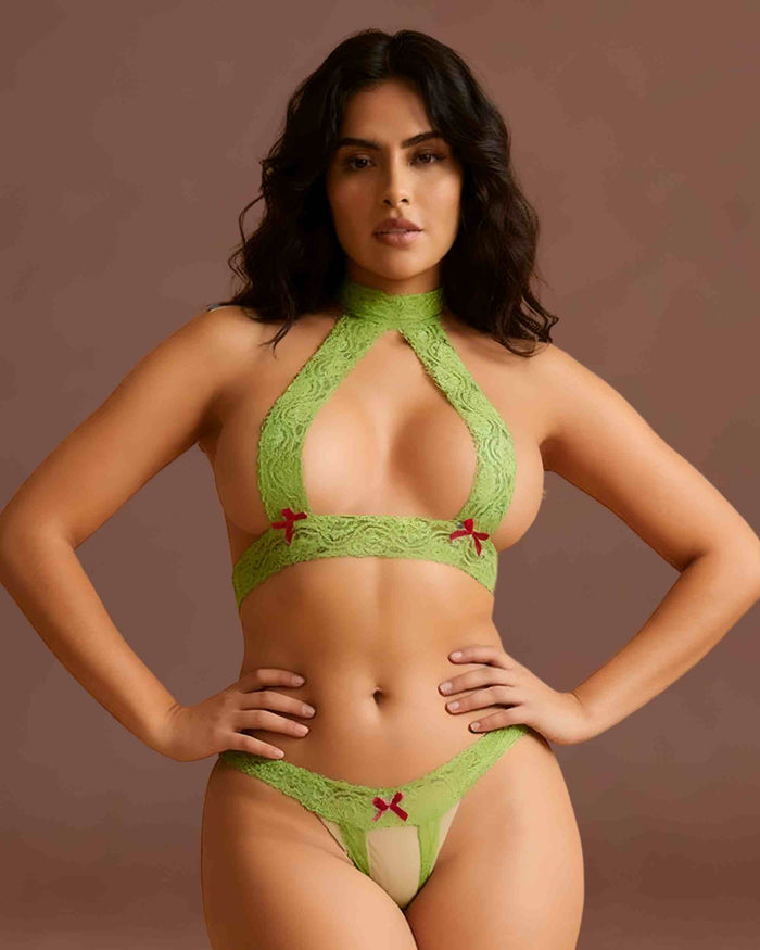 linsori - Lime Lace Open Back Floral Lace Set - front view