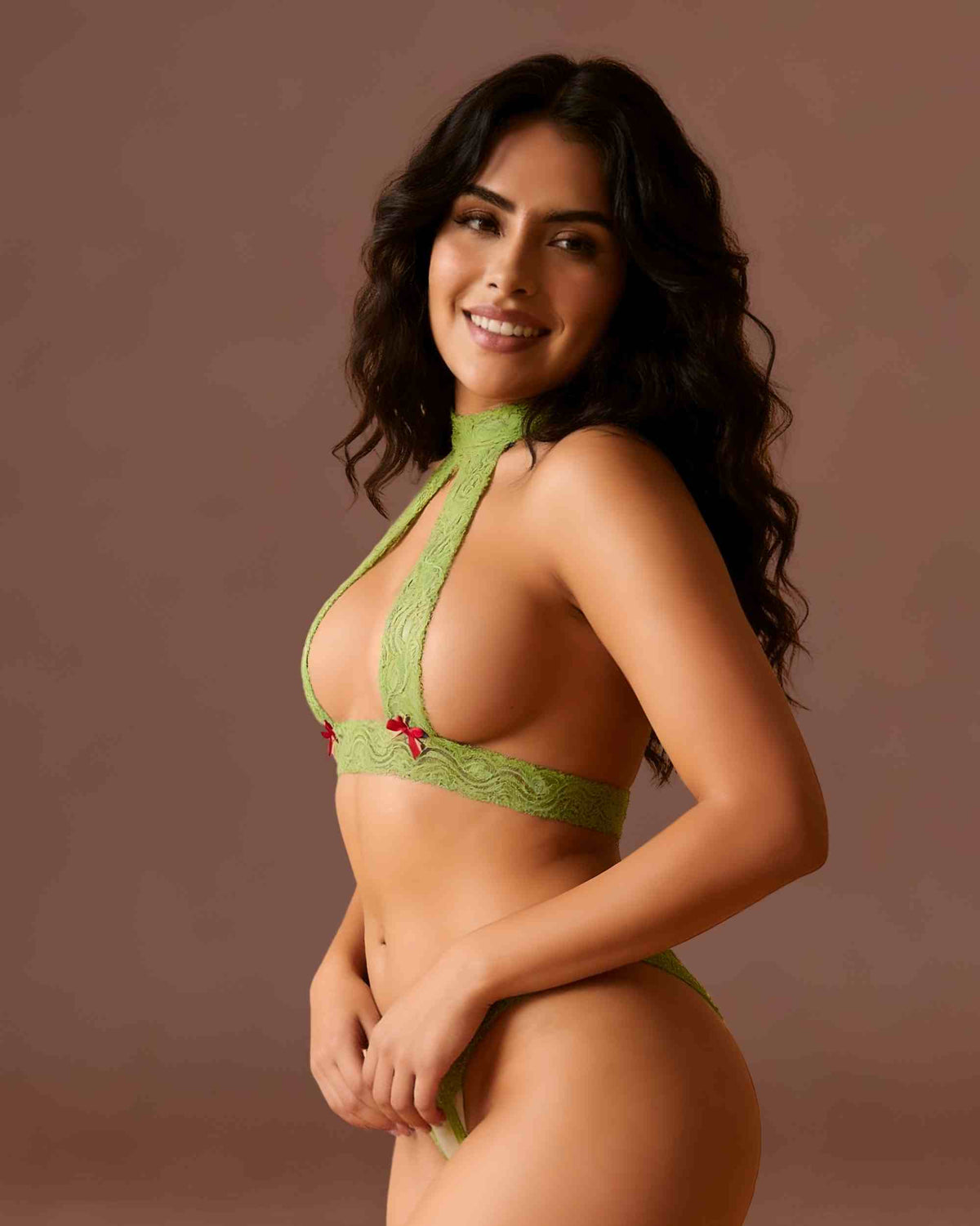 linsori - Lime Lace Open Back Floral Lace Set - left view