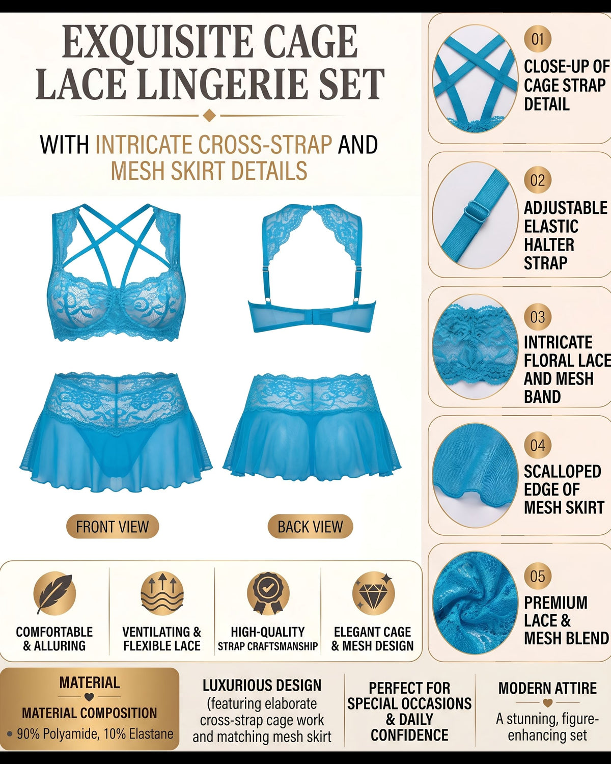 Linsori Turquoise Lace Crop & Skirt Set -  Product detail view