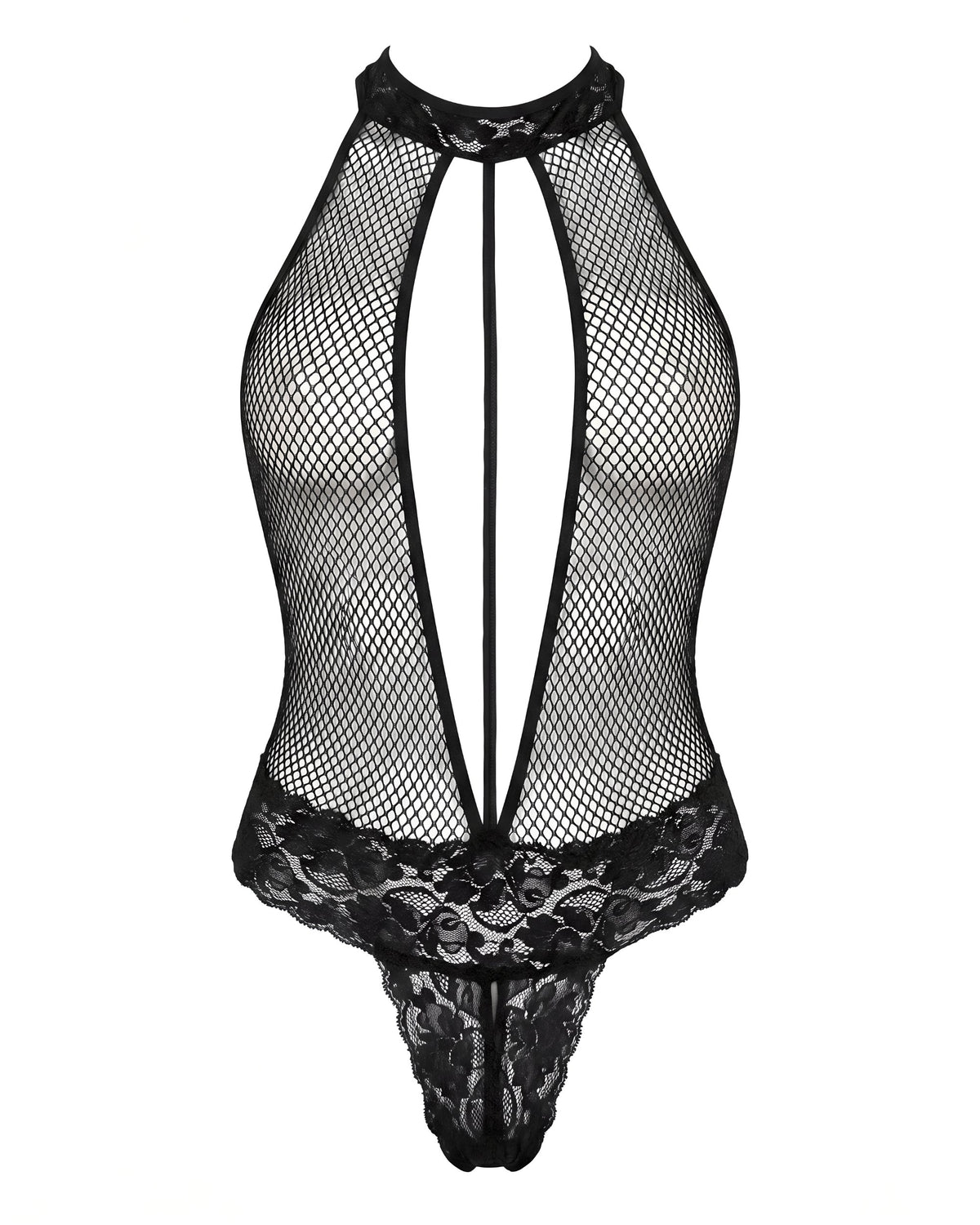 Linsori Noir Fishnet Halter Teddy - White background view
