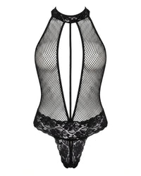 Linsori Noir Fishnet Halter Teddy - White background view