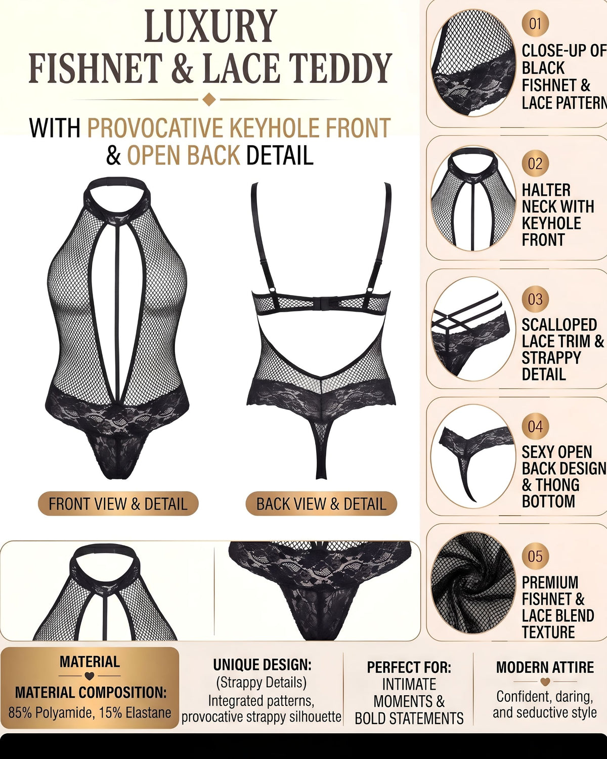 Linsori Noir Fishnet Halter Teddy -  Product detail view