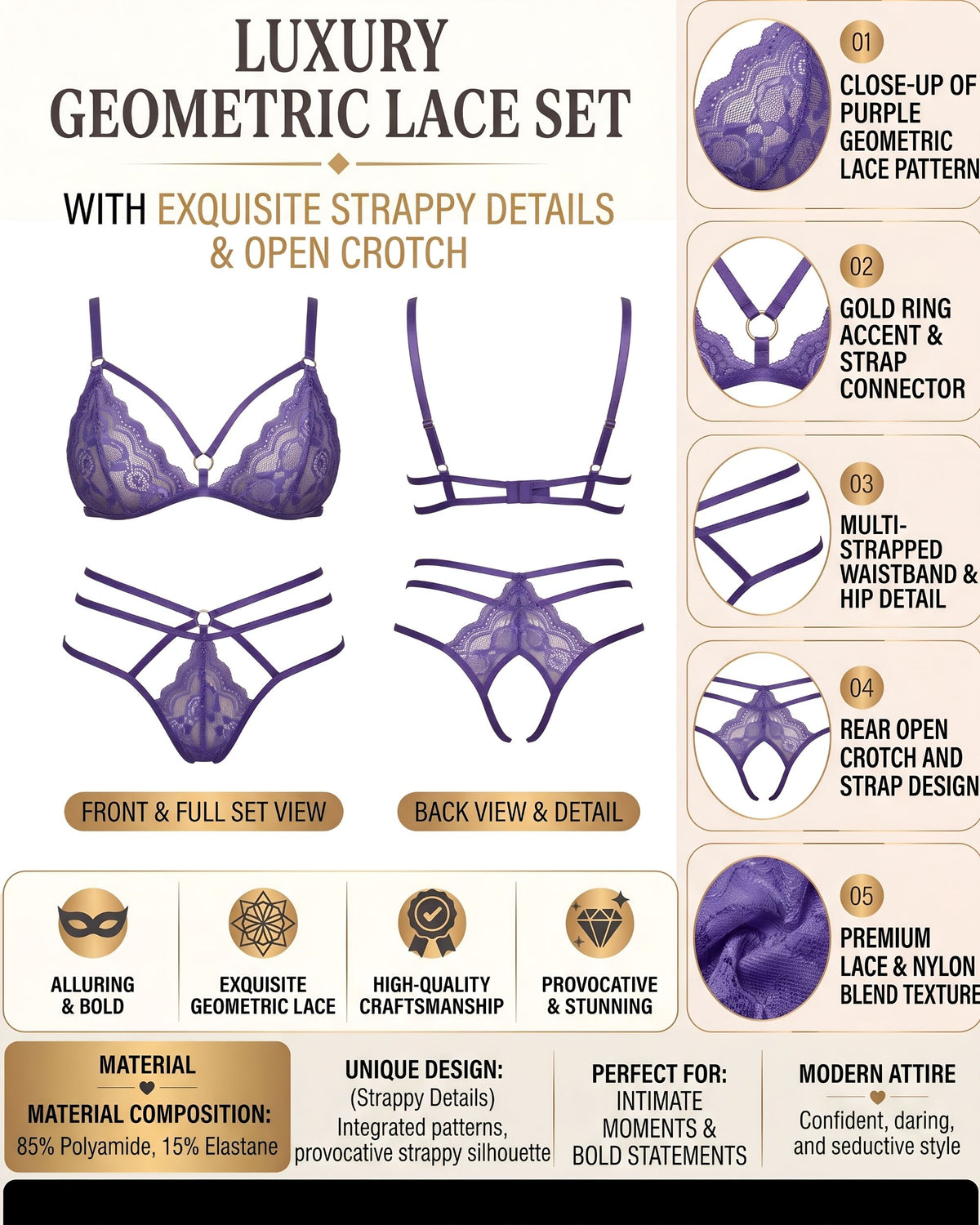 Linsori Plum Lace Two Piece Floral Lace Set -  Product detail view