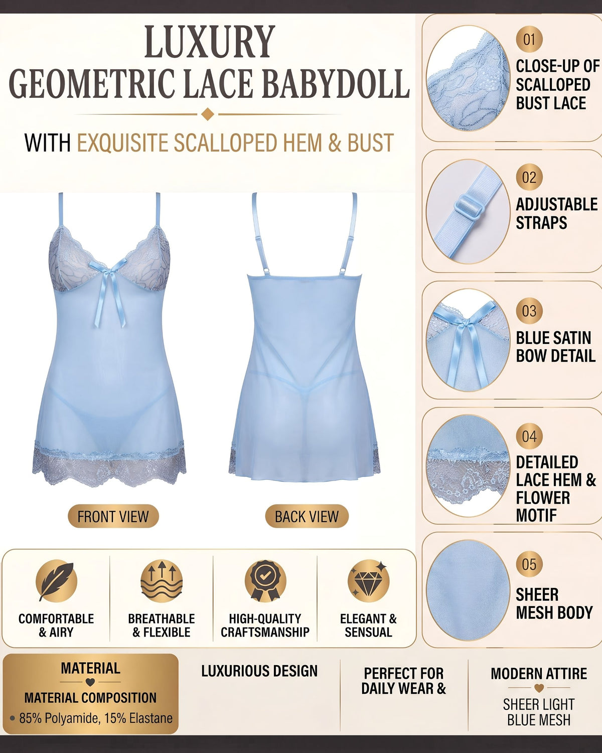 Linsori Azure Lace Eyelash Babydoll -  Product detail view