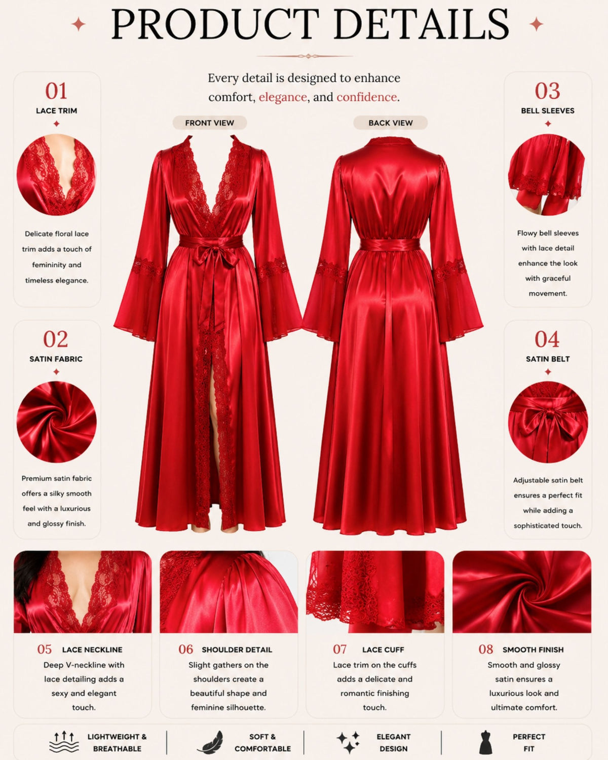 Linsori Crimson Charmeuse Long Robe -  Product detail view