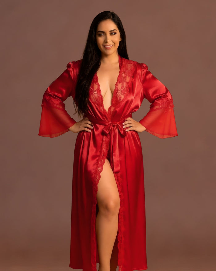 Linsori Crimson Charmeuse Long Robe - Front view 
