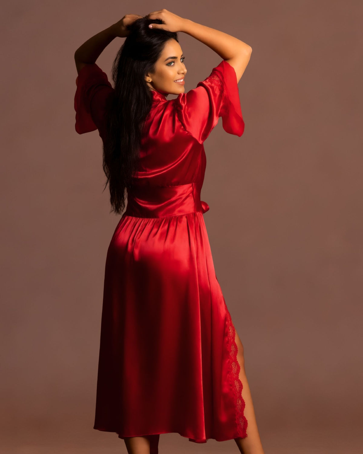 Linsori Crimson Charmeuse Long Robe -  back view