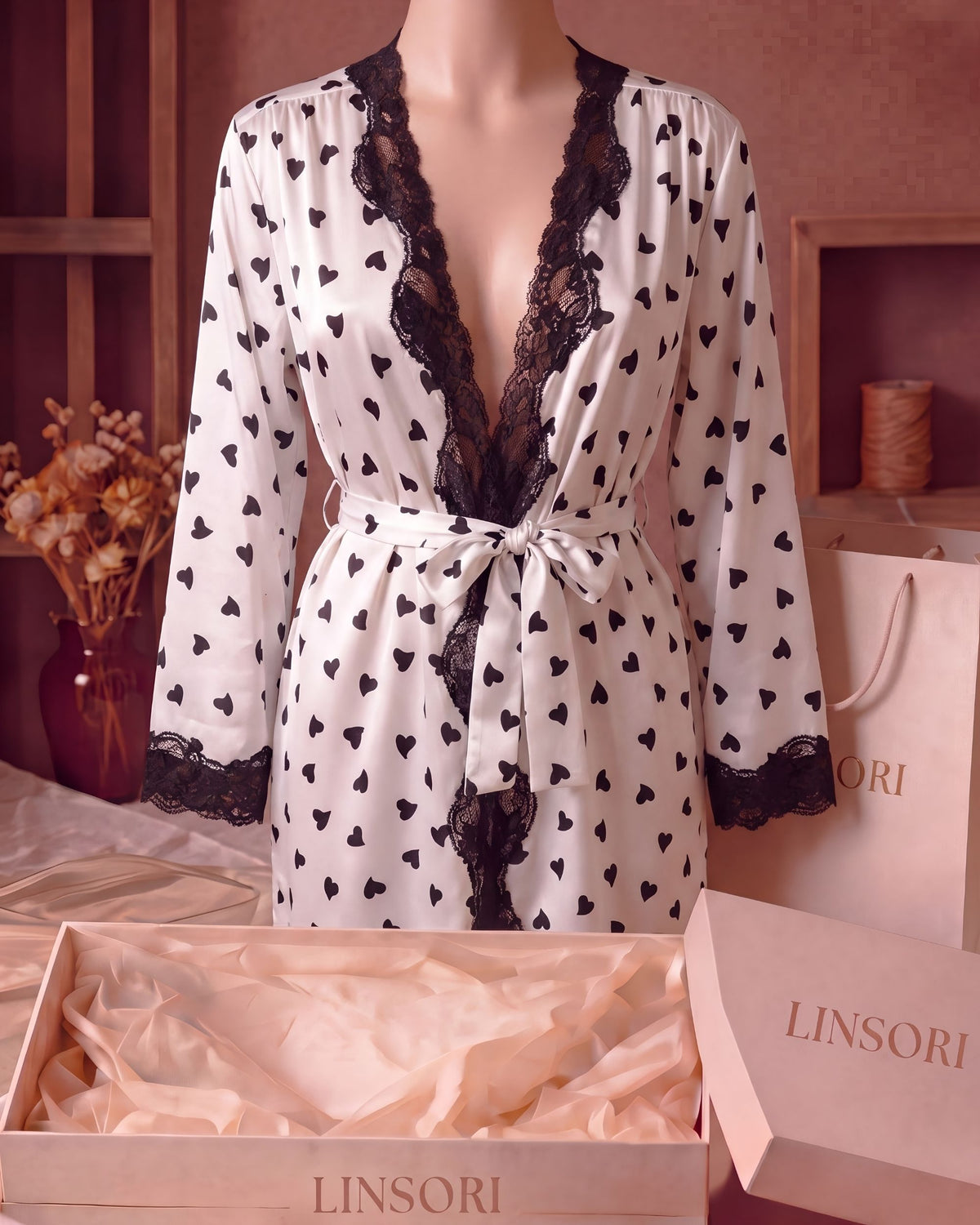 Linsori Charmeuse Heart Print Kimono Robe - Mannequin View